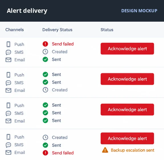 Alert-list design mockup showing delivery channels, status, and acknowledgement actions