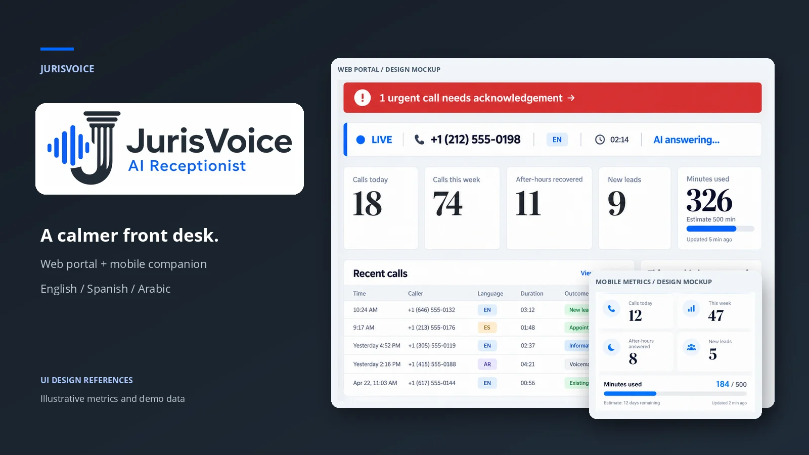 JurisVoice AI receptionist branding with web and mobile design mockups